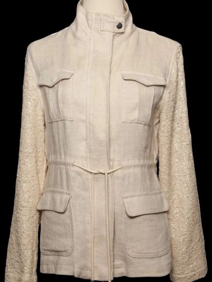 average generation love white jacket with high collar and textured sleeves
