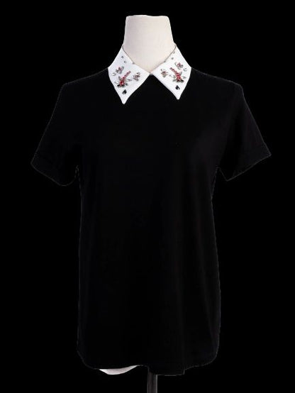 Excellent Maje Black Short-Sleeved Shirt with Embroidered Collar