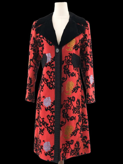 Excellent Etro Red Wool Floral Patterned Coat Size M