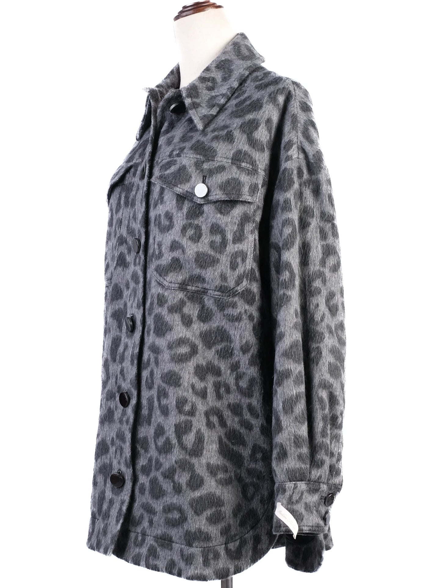 ted baker gray leopard print wool jacket with large buttons