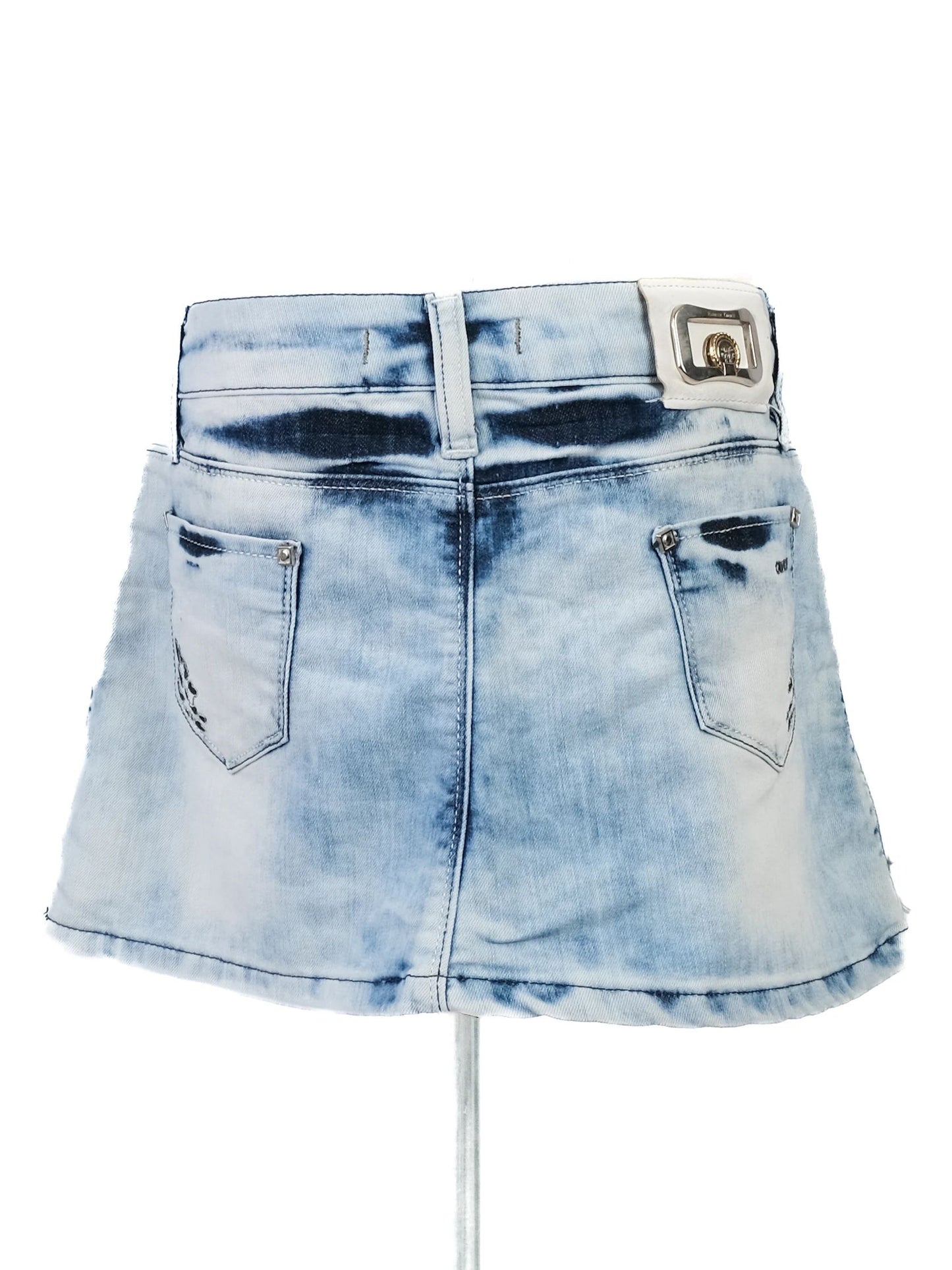 excellent roberto cavalli blue denim mini skirt with leopard print