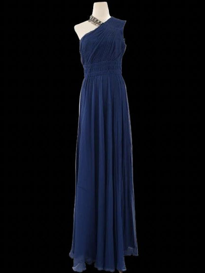 NEW Elegant Long One-Shoulder Navy Blue Silk Dress Size L