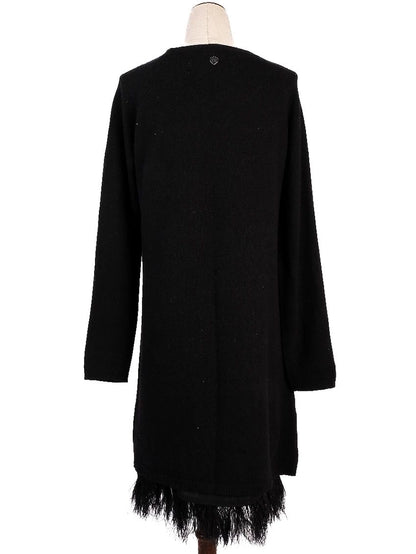 Excellent TWINSET Black Wool Long Sleeve Dress with Fringed Hem