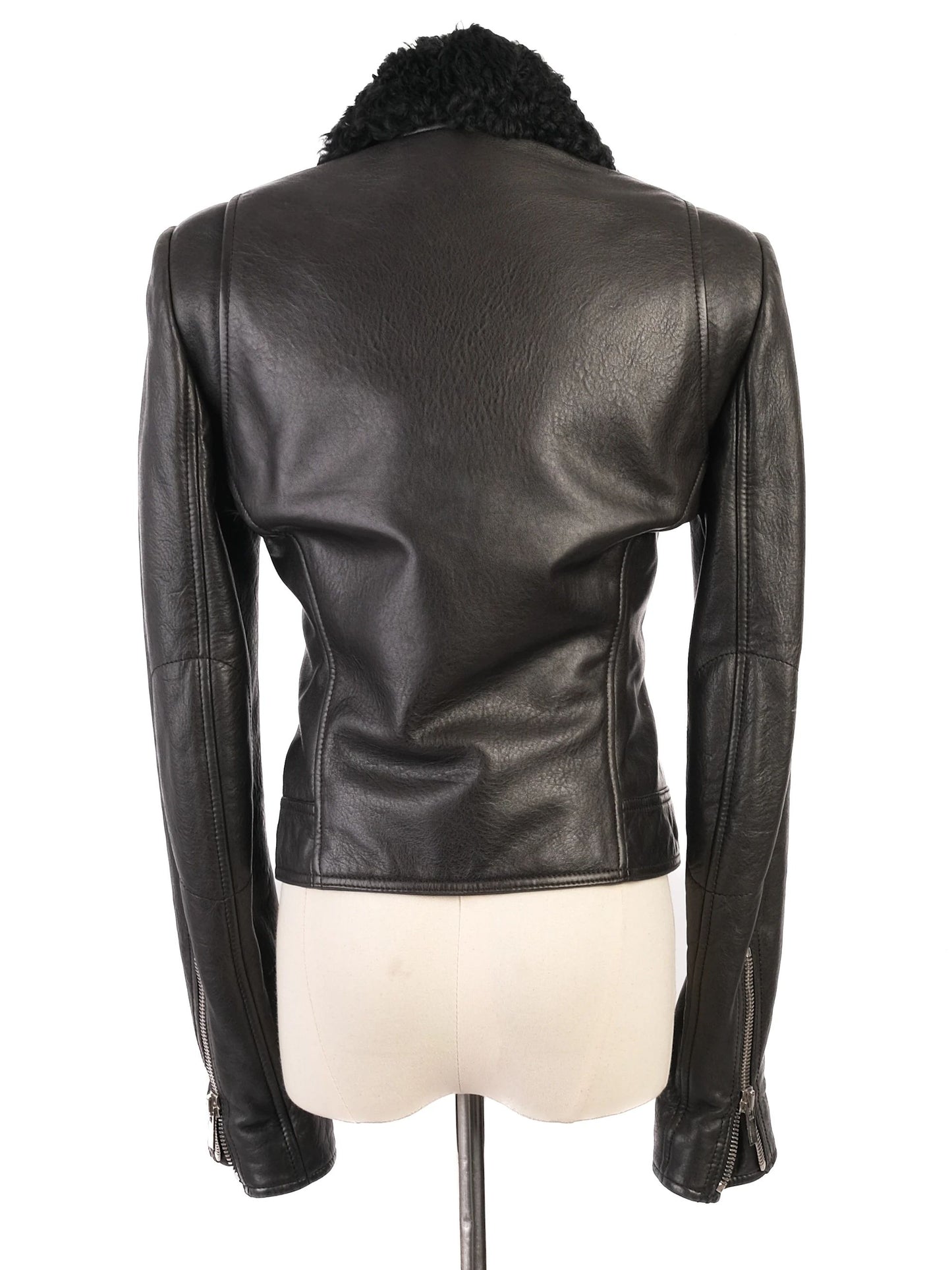 excellent balenciaga black leather jacket with shearling collar, size s