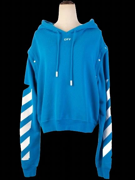 excellent off white blue nylon hoodie size l with drawstring hood