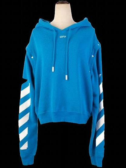 Excellent Off White Blue Nylon Hoodie Size L with Drawstring Hood
