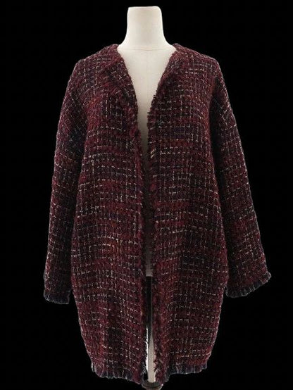 Excellent Gerard Darel Wool Coat XL Burgundy Black White Tweed