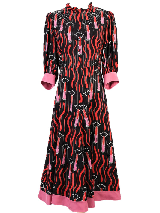 Excellent Valentino Black Dress with Vibrant Lipstick Print Size M
