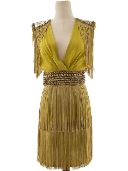 Excellent Elisabetta Franchi Yellow Viscose Dress Size M with Fringe