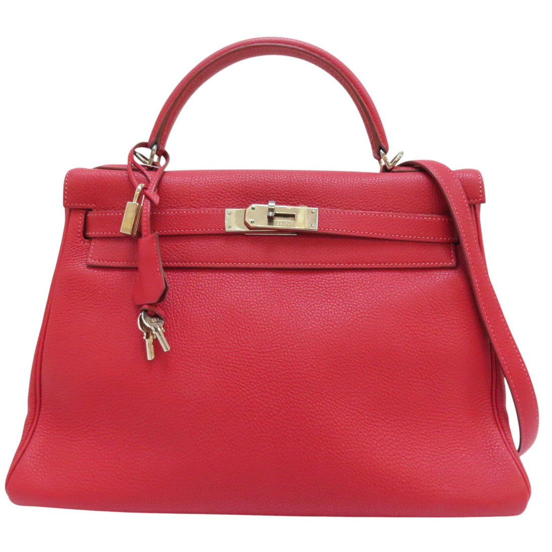 Hermes Kelly 28 Shoulder Handbag Togo Leather Rouge Casaque F Silver Metal