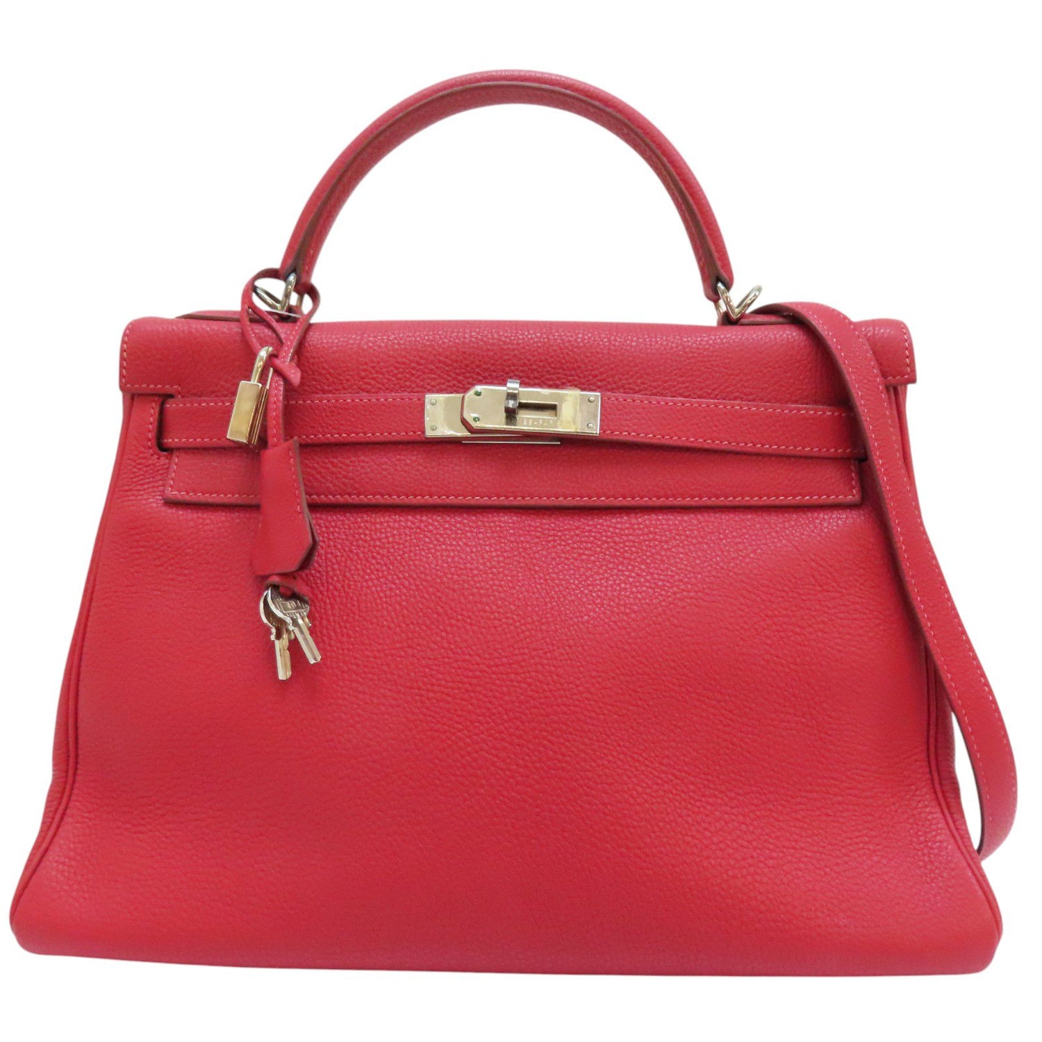 Hermes Kelly 28 Shoulder Handbag Togo Leather Rouge Casaque F Silver Metal