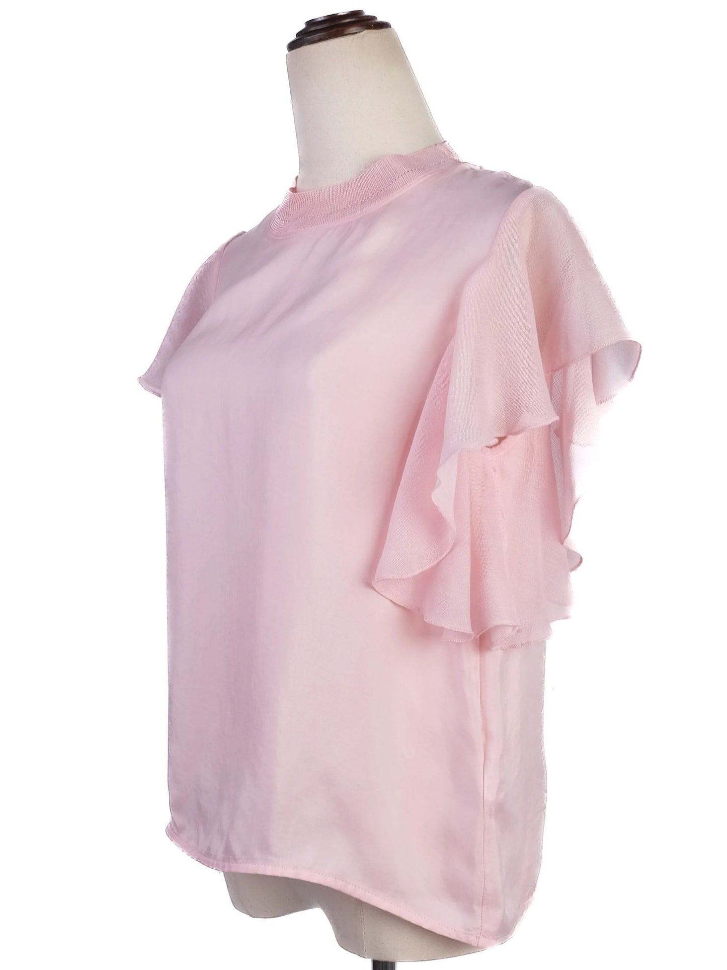 excellent sandro pink polyester blouse size xs with ruffled sleeves