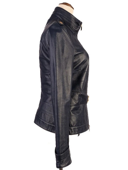 Versace Blue Leather Jacket Women Size XS Excellent Condition