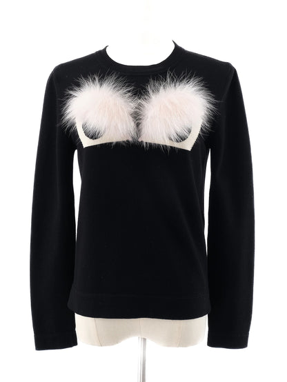 Excellent Fendi Black Wool Sweater with Fur Detail Size M