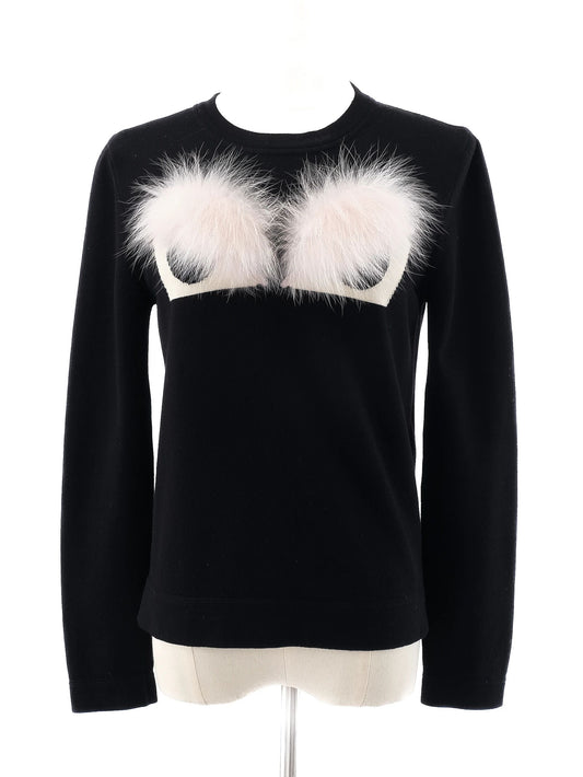 Excellent Fendi Black Wool Sweater with Fur Detail Size M
