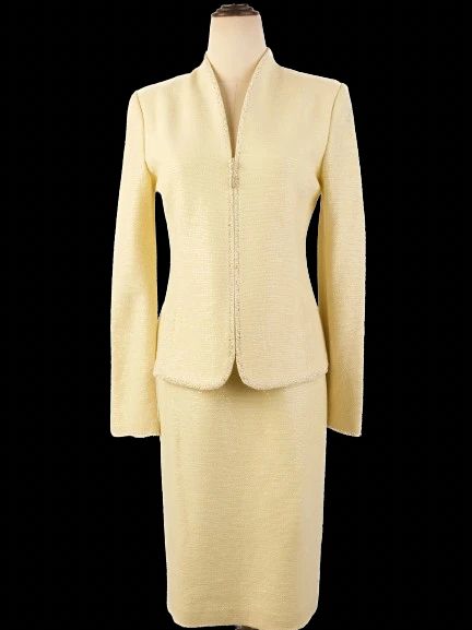 excellent st. john yellow wool women's suit jacket & skirt set