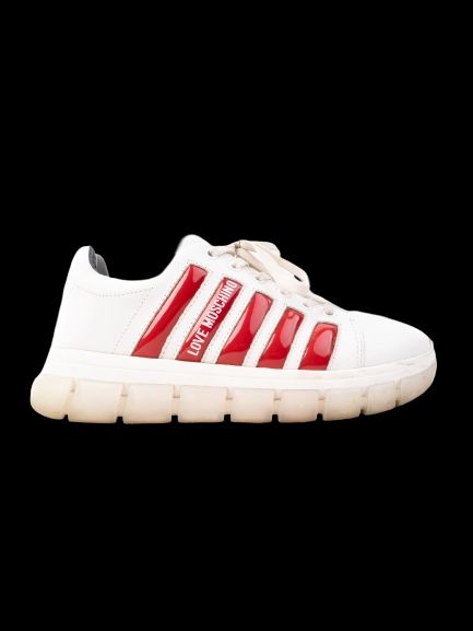 Excellent Love Moschino White Leather Sneakers with Red Accents