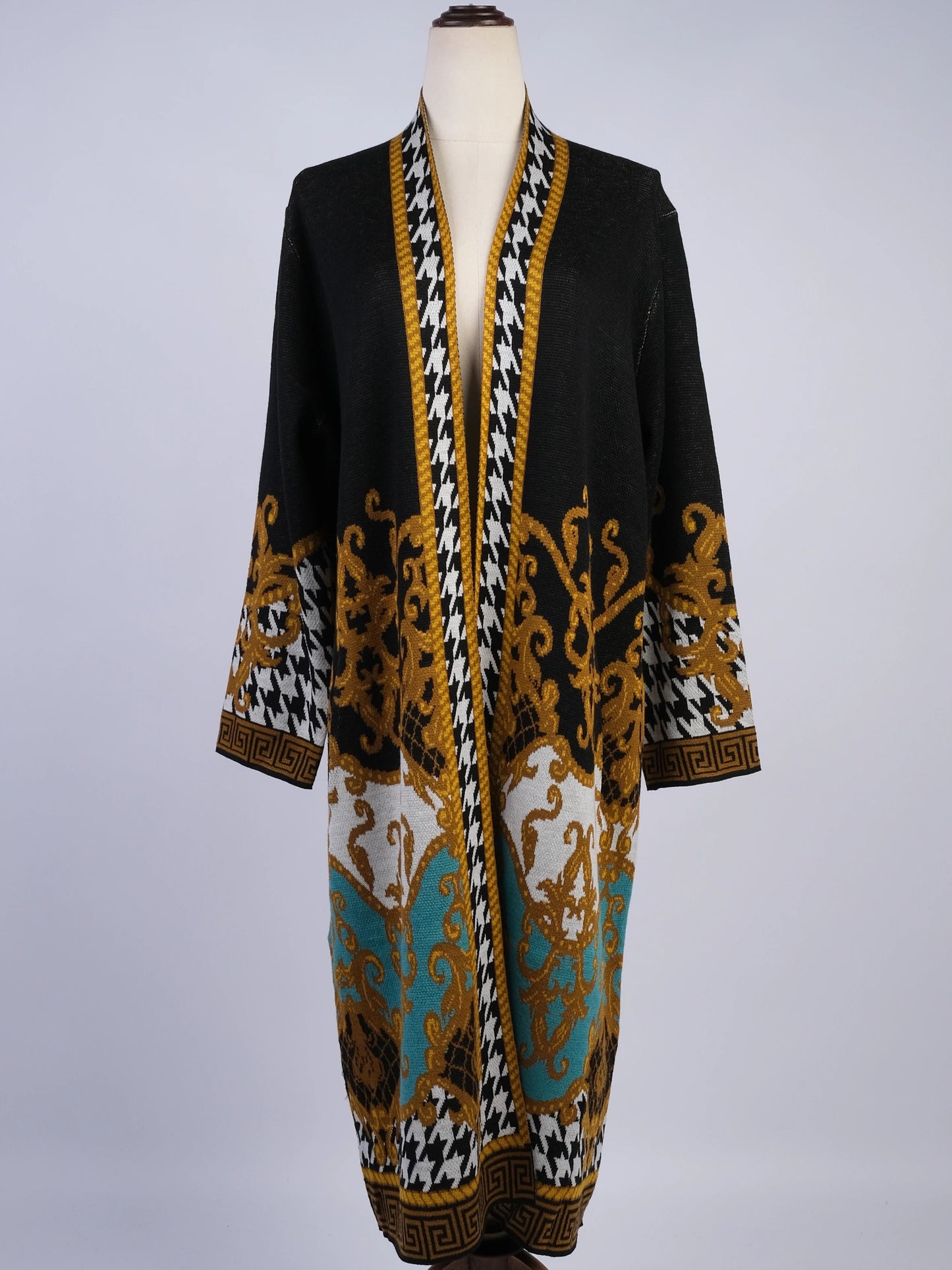 new max sport long wool cardigan black gold turquoise houndstooth women