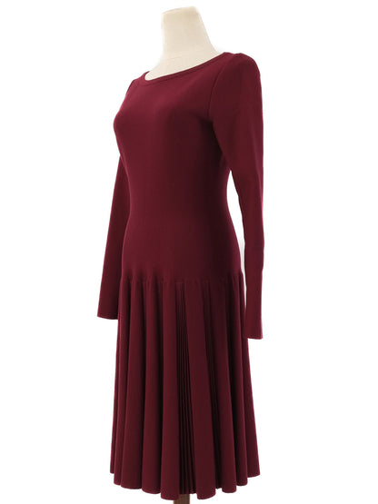 NEW Alaia Burgundy Wool Long Sleeve Dress with Pleated Skirt