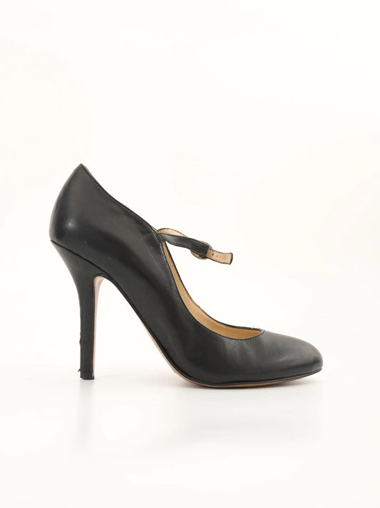 Excellent Nine West Black Leather Mary Jane High Heels Size 37