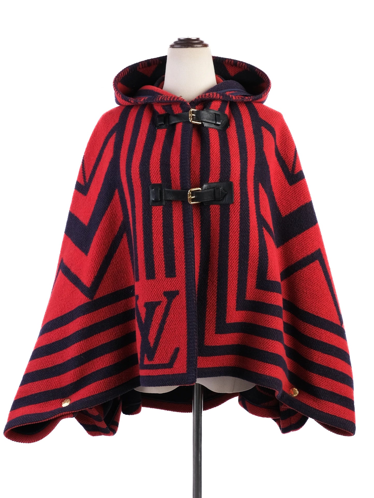 excellent louis vuitton red black wool cape with hood and buttons