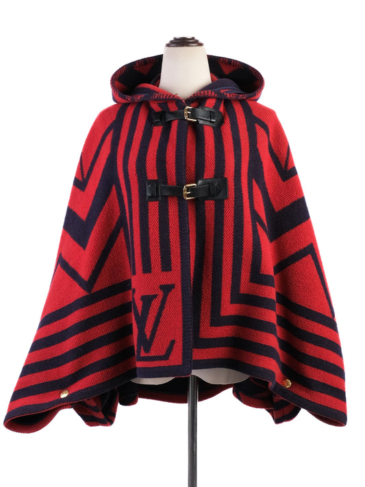 Excellent Louis Vuitton Red Black Wool Cape with Hood and Buttons