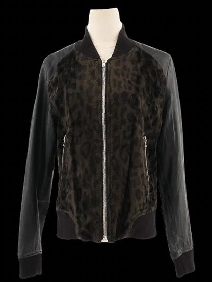 Excellent The Kooples Black Leopard Print Bomber Jacket Size M