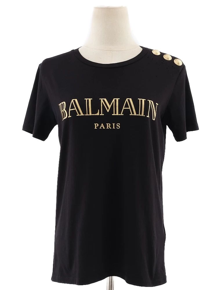 excellent balmain black t-shirt xs with gold print & buttons