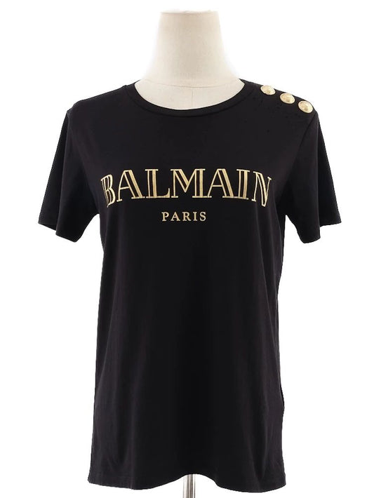 Excellent Balmain Black T-Shirt XS with Gold Print & Buttons