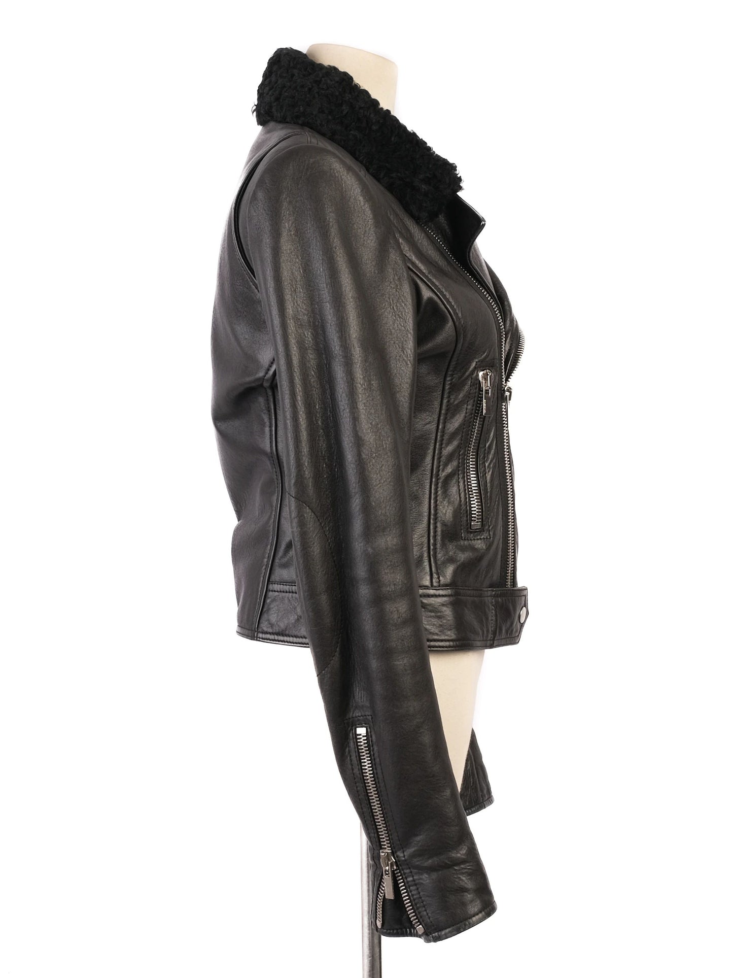 excellent balenciaga black leather jacket with shearling collar, size s