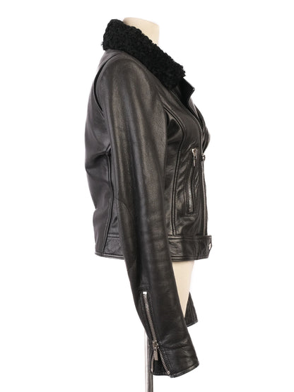 Excellent Balenciaga Black Leather Jacket with Shearling Collar, Size S