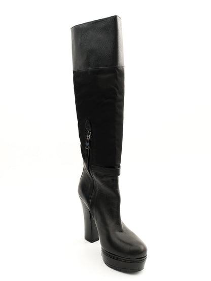 Excellent Prada Black Leather Heeled Knee-High Boots Size 35.5