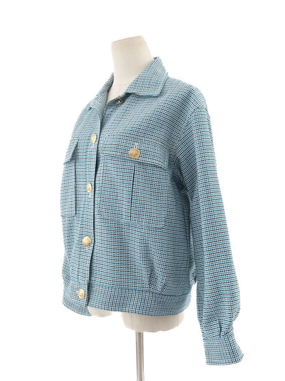 Excellent Maje Blue Cotton Plaid Jacket Size M with Gold Buttons