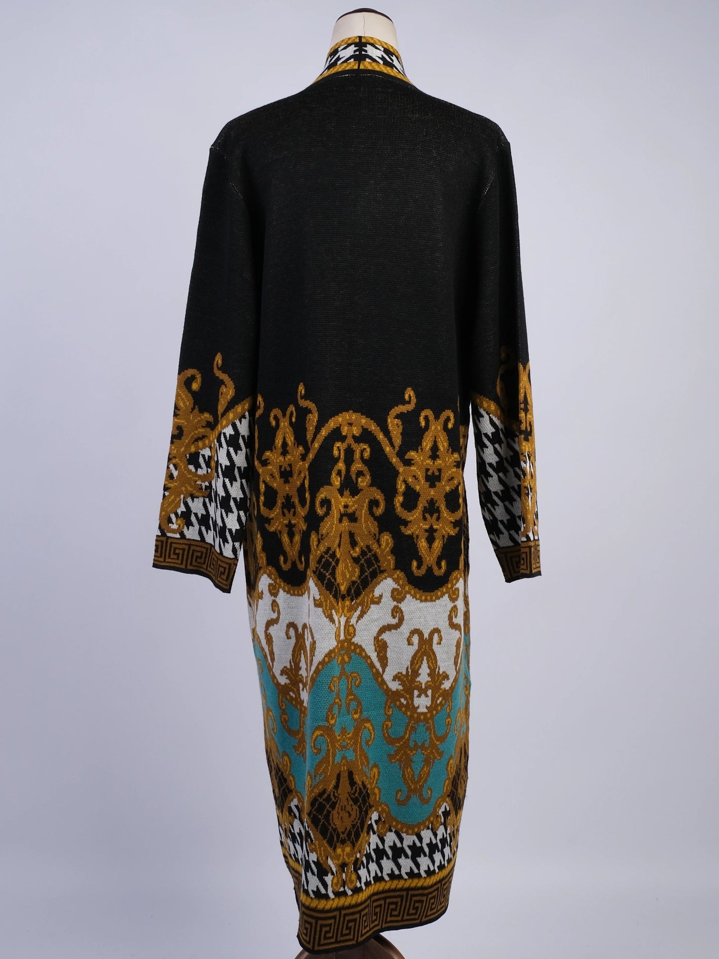new max sport long wool cardigan black gold turquoise houndstooth women