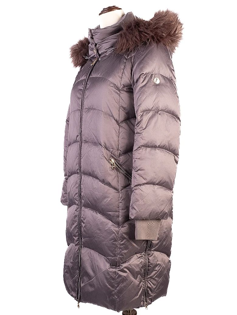 good patrizia pepe gray puffer coat xs with fur-trimmed hood