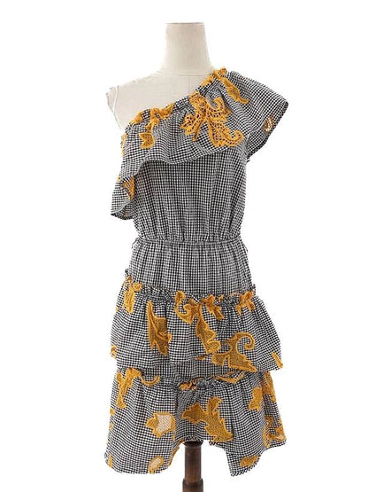 Excellent Sandro Off-Shoulder Dress Black White Checkered Floral Embroidery