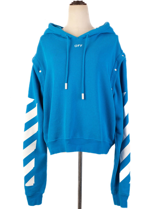 Excellent Off White Blue Nylon Hoodie Size L with Drawstring Hood