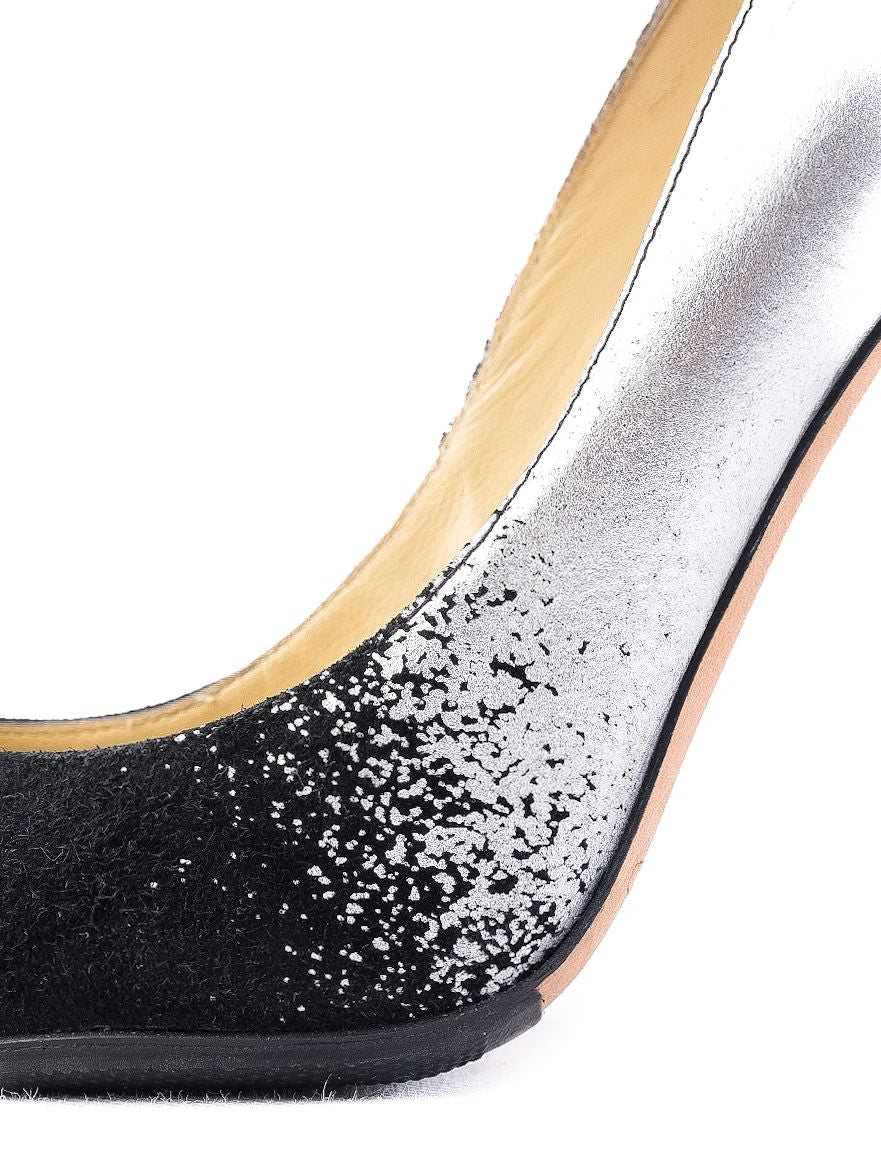 excellent jimmy choo black silver high-heeled shoes leather women's