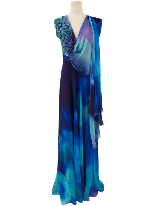 Perfect Silk Evening Dress Blue Turquoise Size L with Embellishments