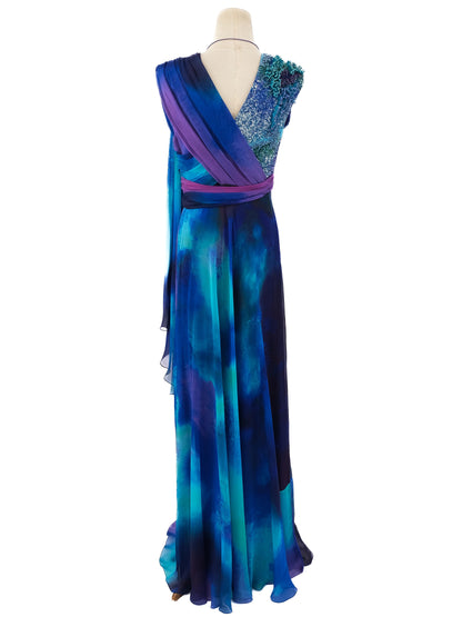 Perfect Silk Evening Dress Blue Turquoise Size L with Embellishments