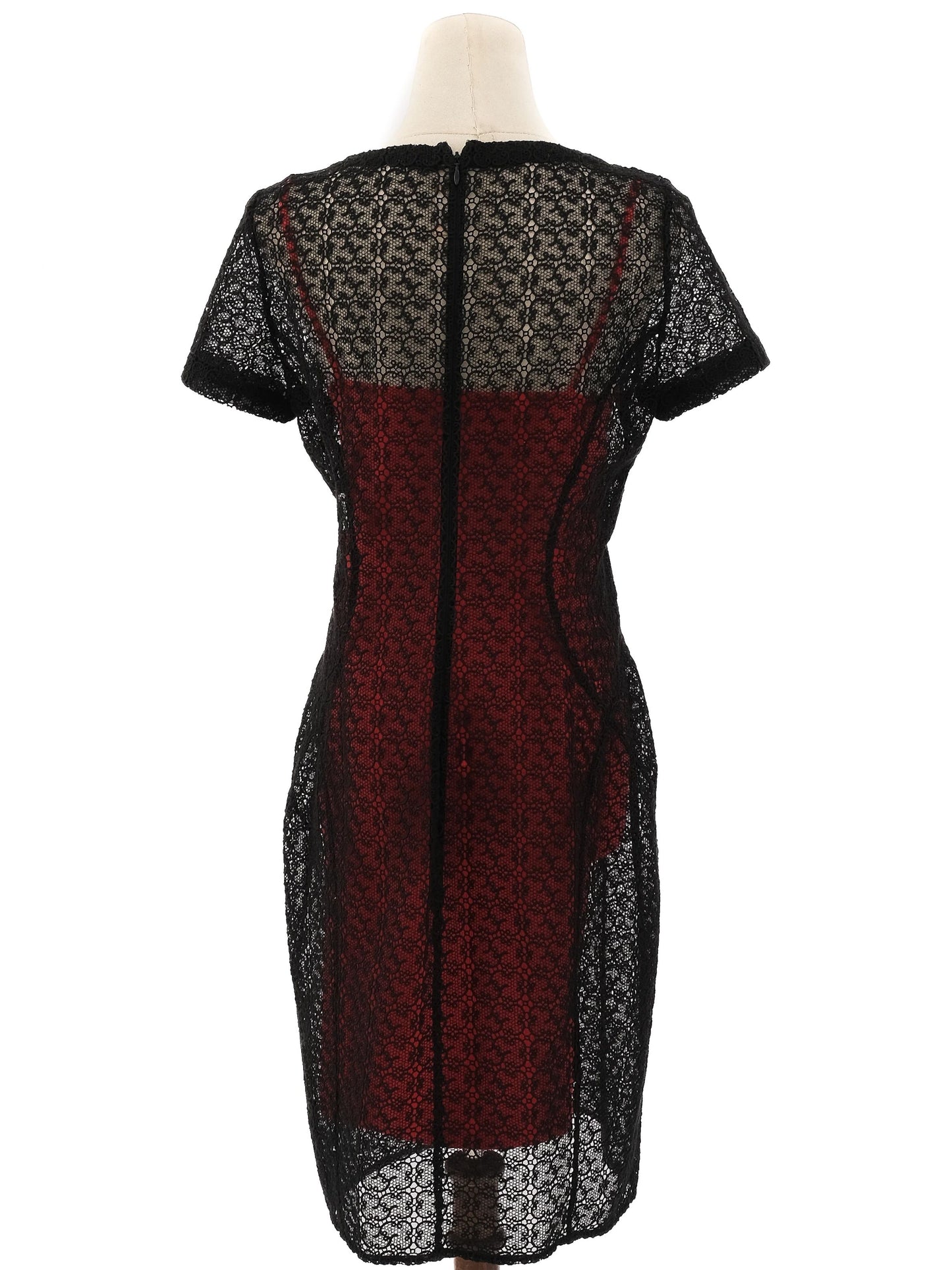 perfect alaia black lace overlay sheath dress xl with red lining