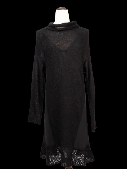 Excellent Pinko Black Wool Long-Sleeved Dress with Lace Detail