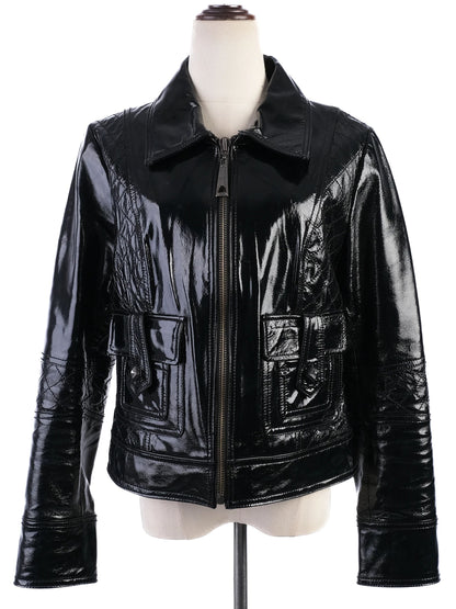 EXCELLENT Roccobarocco Black Leather Jacket Size L with Quilted Detailing