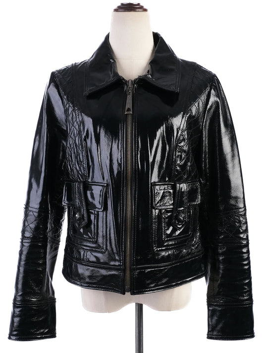 EXCELLENT Roccobarocco Black Leather Jacket Size L with Quilted Detailing