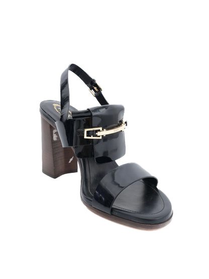 Excellent Tod's Black High-Heeled Sandals Size 40 with Gold Buckle