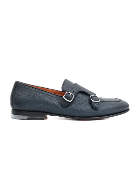 Excellent Santoni Black Leather Monk Strap Shoes Size 42.5
