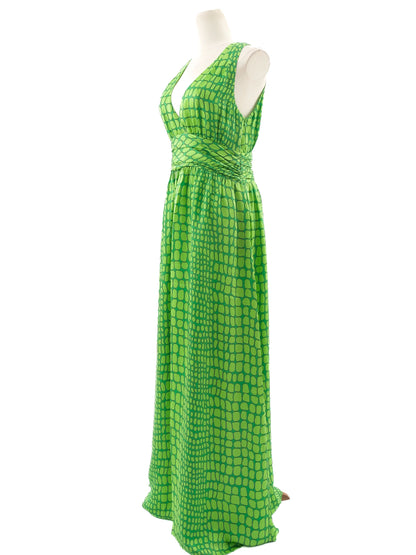 Excellent Moschino Green Silk Long Dress Size L V-Neck Geometric Pattern
