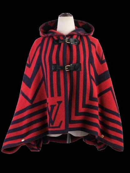 Excellent Louis Vuitton Red Black Wool Cape with Hood and Buttons
