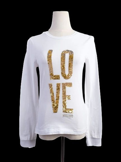 Excellent Moschino White Long Sleeve Shirt XS Gold Sequins LOVE