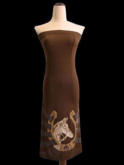 Excellent Frankie Morello Orange Strapless Dress Size S with Horse Motif